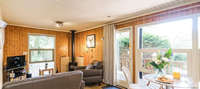 Stylish open plan lodge with king-size four poster bed.