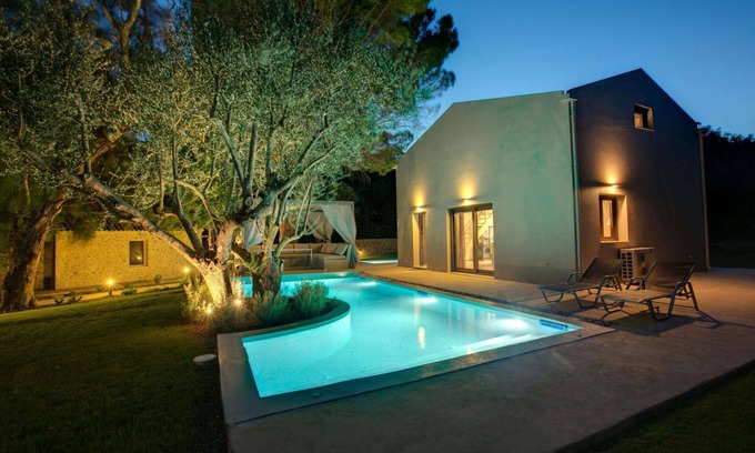 Leivathos Villa | Stylish Romantic Retreat, A/C, 2 Private Pools, Garden with Ancient Trees & Sea Views - Near Spartia